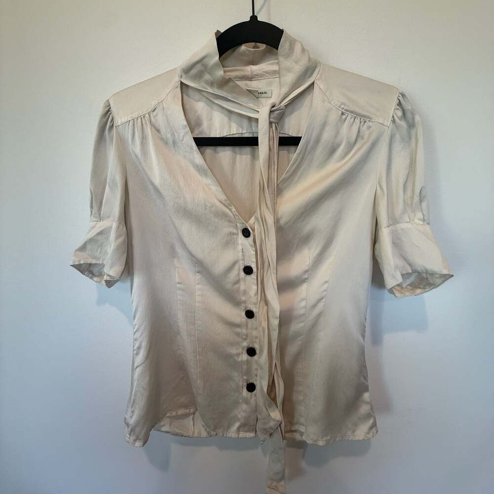 Banana Republic 100% Silk Tie-Neck Puff Sleeve Blouse Size S